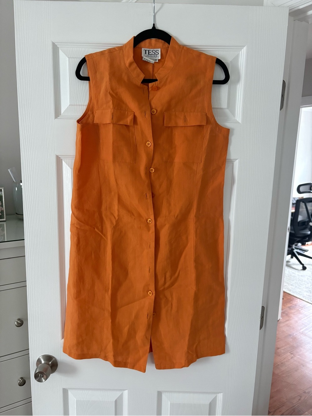 100% Linen Orange Sleeveless Button-Front Mini Dress